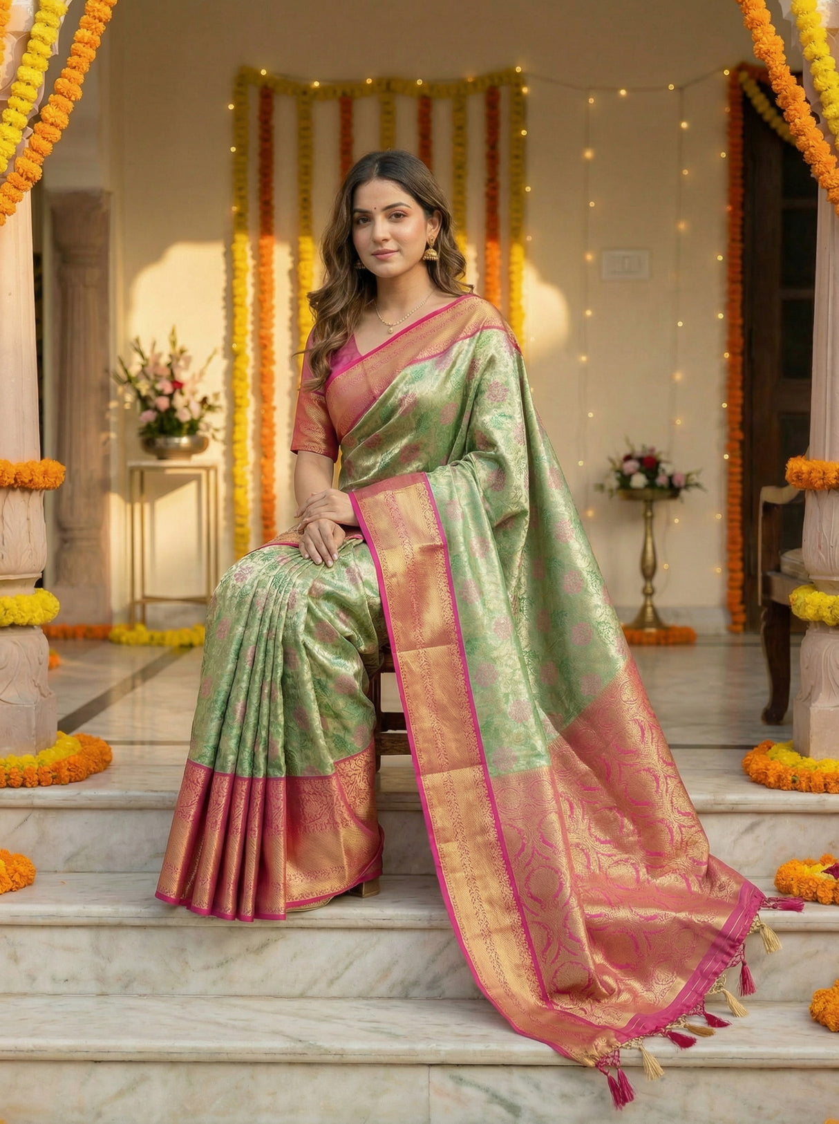 MIMOSA Women's Woven Design Kanjivaram Style Tissue Art Silk  Saree with Blouse Piece - Green ( SA00002922GRNFREE )