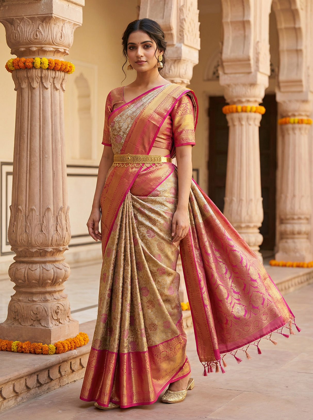 MIMOSA Women's Woven Design Kanjivaram Style Tissue Art Silk  Saree with Blouse Piece - Maroon ( SA00002922MRFREE )