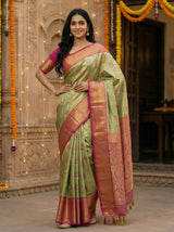 MIMOSA Women's Woven Design Kanjivaram Style Tissue Art Silk  Saree with Blouse Piece - Olive ( SA00002922OLFREE )