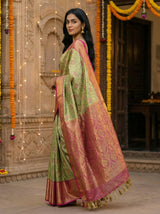 MIMOSA Women's Woven Design Kanjivaram Style Tissue Art Silk  Saree with Blouse Piece - Olive ( SA00002922OLFREE )