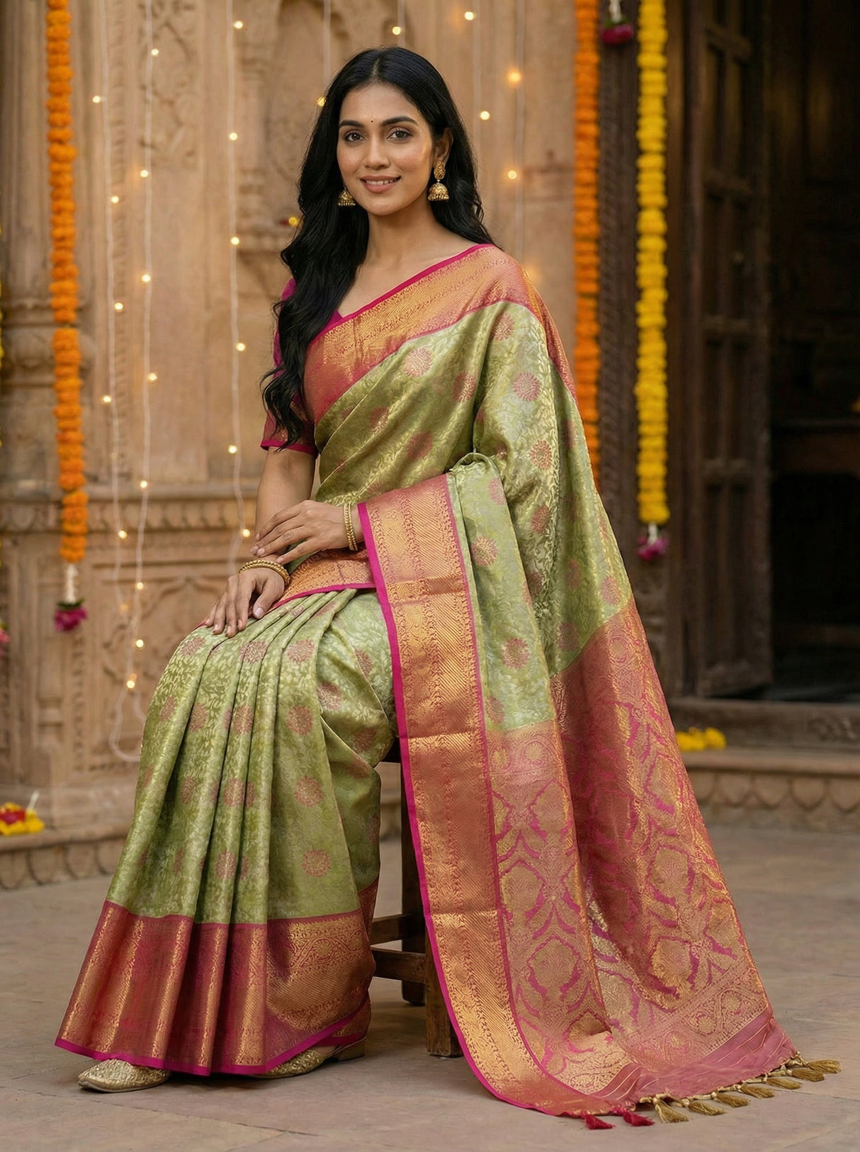 MIMOSA Women's Woven Design Kanjivaram Style Tissue Art Silk  Saree with Blouse Piece - Olive ( SA00002922OLFREE )
