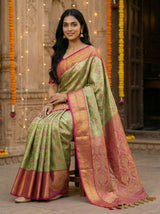 MIMOSA Women's Woven Design Kanjivaram Style Tissue Art Silk  Saree with Blouse Piece - Olive ( SA00002922OLFREE )