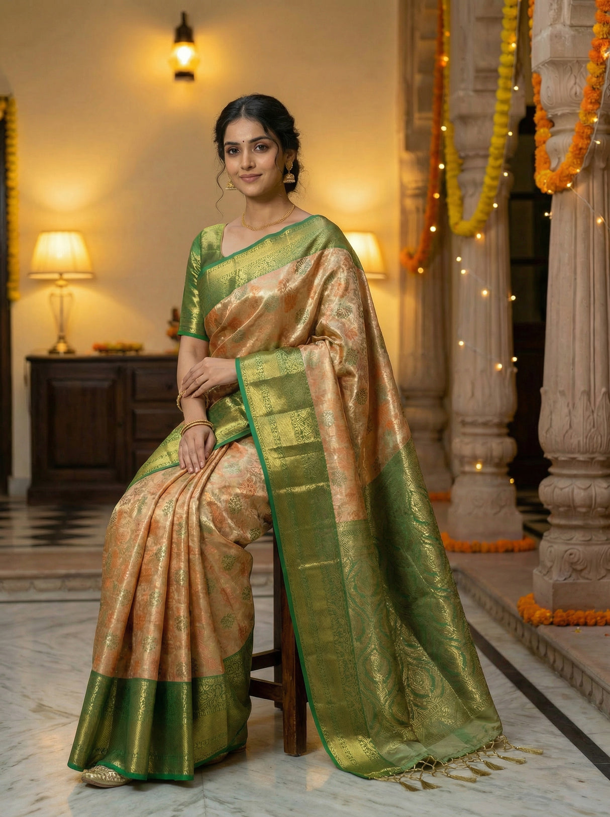 MIMOSA Women's Woven Design Kanjivaram Style Tissue Art Silk  Saree with Blouse Piece - Orange ( SA00002922ORFREE )
