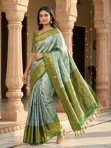 MIMOSA Women's Woven Design Kanjivaram Style Tissue Art Silk  Saree with Blouse Piece - Saffire ( SA00002922SFFREE )
