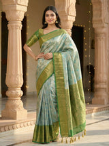 MIMOSA Women's Woven Design Kanjivaram Style Tissue Art Silk  Saree with Blouse Piece - Saffire ( SA00002922SFFREE )