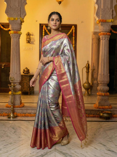MIMOSA Women's Woven Design Kanjivaram Style Tissue Art Silk  Saree with Blouse Piece - Violet ( SA00002922VLFREE )