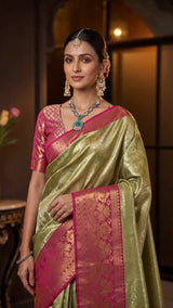 MIMOSA Olive Art Silk Kanjivaram Saree with Unstitched Blouse