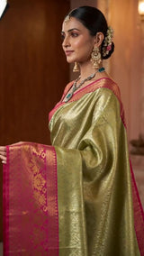 MIMOSA Olive Art Silk Kanjivaram Saree with Unstitched Blouse