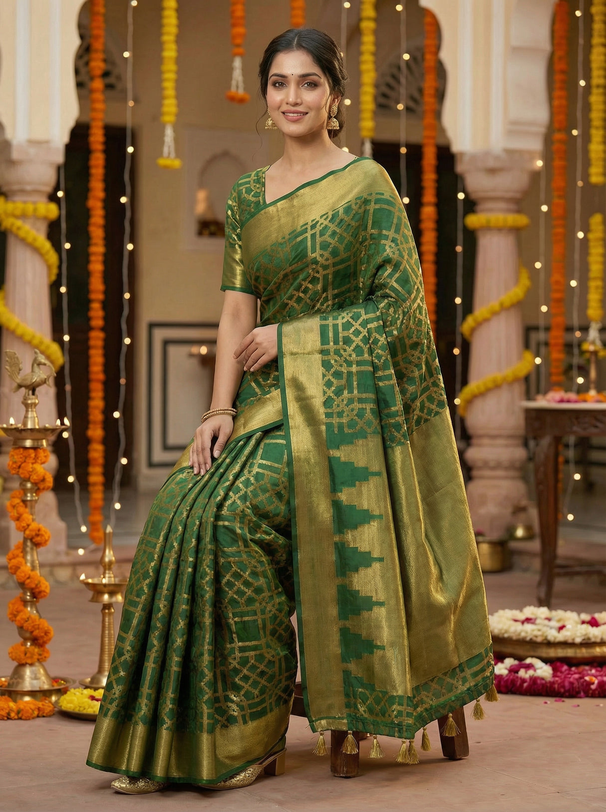 MIMOSA Women's Woven Design Banarasi Style Art Silk  Saree with Blouse Piece - Green ( SA00003121GRNFREE )