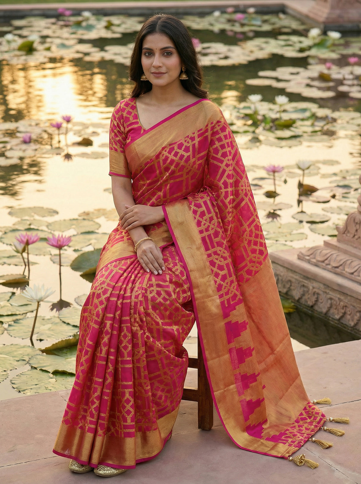 MIMOSA Women's Woven Design Banarasi Style Art Silk  Saree with Blouse Piece - Rani ( SA00003121RNFREE )