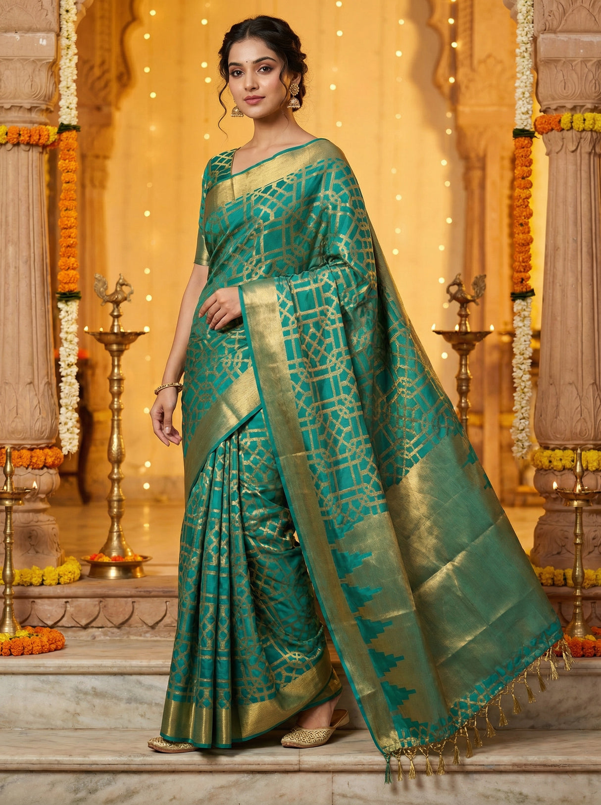 MIMOSA Women's Woven Design Banarasi Style Art Silk  Saree with Blouse Piece - Saffire ( SA00003121SFFREE )