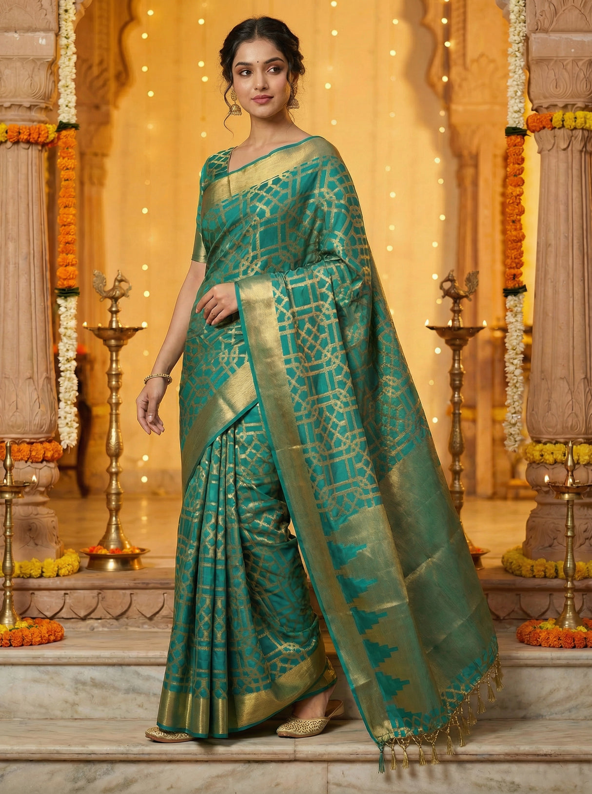MIMOSA Women's Woven Design Banarasi Style Art Silk  Saree with Blouse Piece - Saffire ( SA00003121SFFREE )