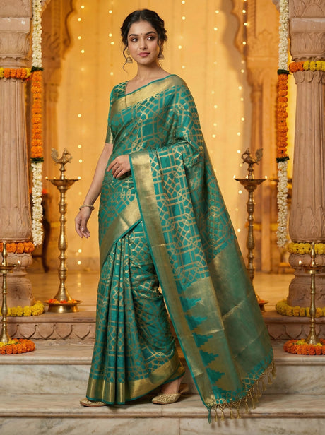 MIMOSA Women's Woven Design Banarasi Style Art Silk  Saree with Blouse Piece - Saffire ( SA00003121SFFREE )