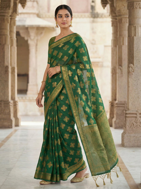 MIMOSA Women's Woven Design Mysore Silk Style Crepe Saree with Blouse Piece - Green ( SA00003122GRNFREE )
