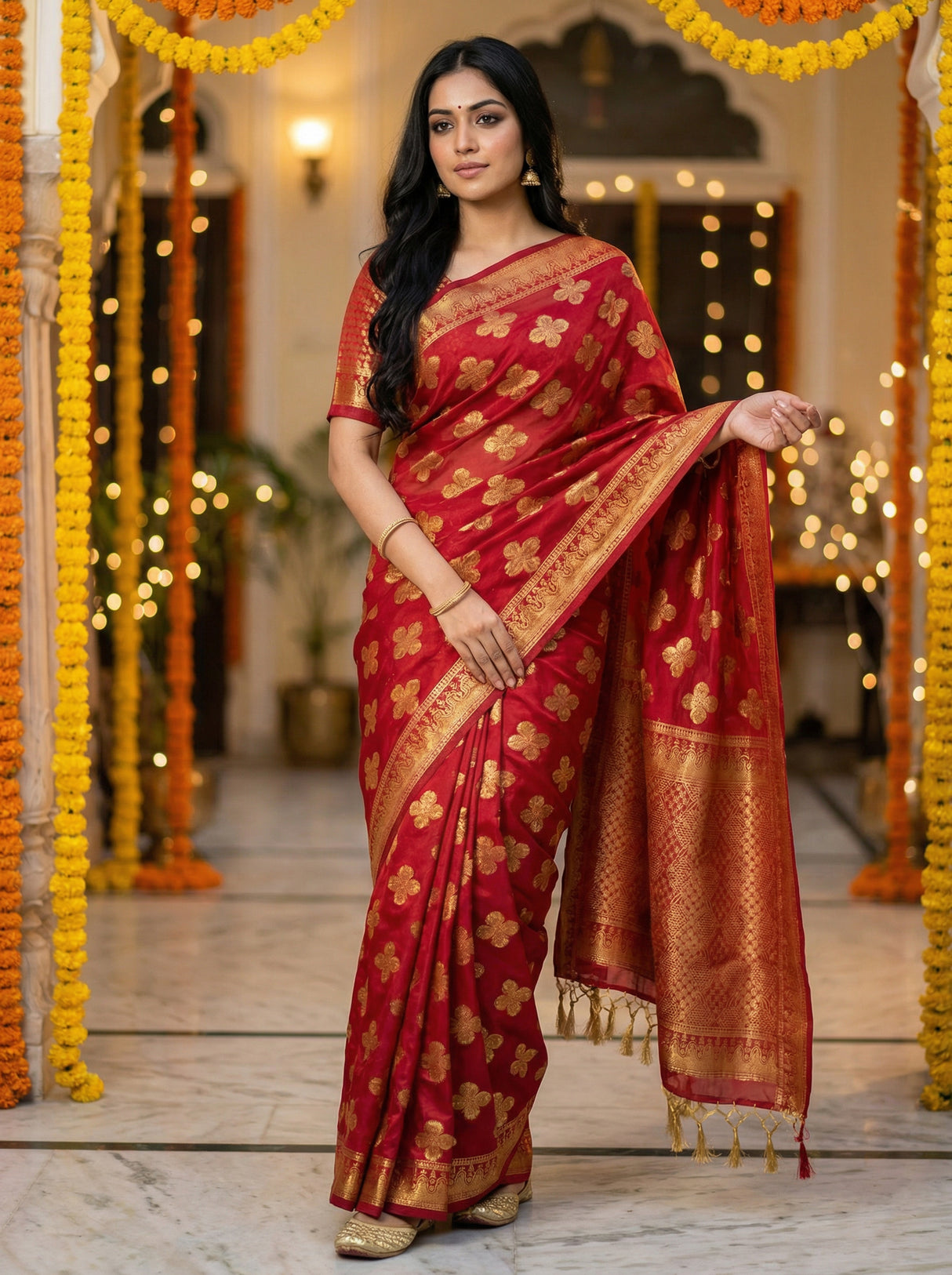 MIMOSA Women's Woven Design Mysore Silk Style Crepe Saree with Blouse Piece - Maroon ( SA00003122MRFREE )