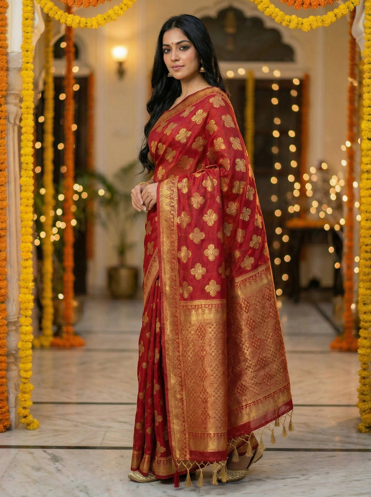 MIMOSA Women's Woven Design Mysore Silk Style Crepe Saree with Blouse Piece - Maroon ( SA00003122MRFREE )