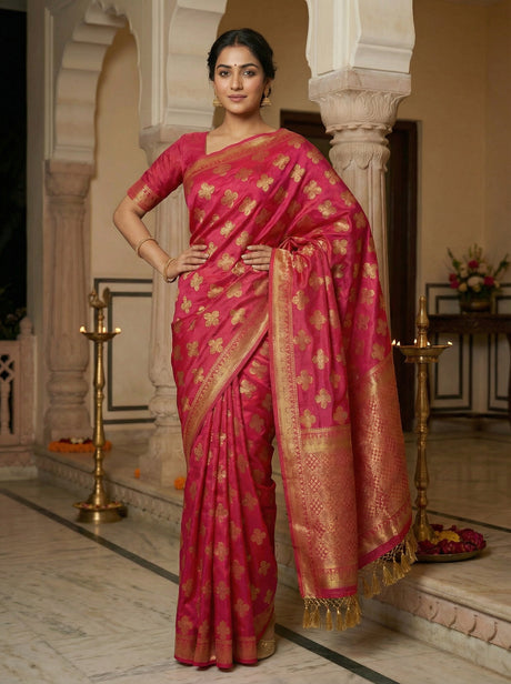 MIMOSA Women's Woven Design Mysore Silk Style Crepe Saree with Blouse Piece - Rani ( SA00003122RNFREE )