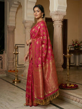 MIMOSA Women's Woven Design Mysore Silk Style Crepe Saree with Blouse Piece - Rani ( SA00003122RNFREE )