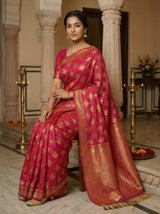 MIMOSA Women's Woven Design Mysore Silk Style Crepe Saree with Blouse Piece - Rani ( SA00003122RNFREE )