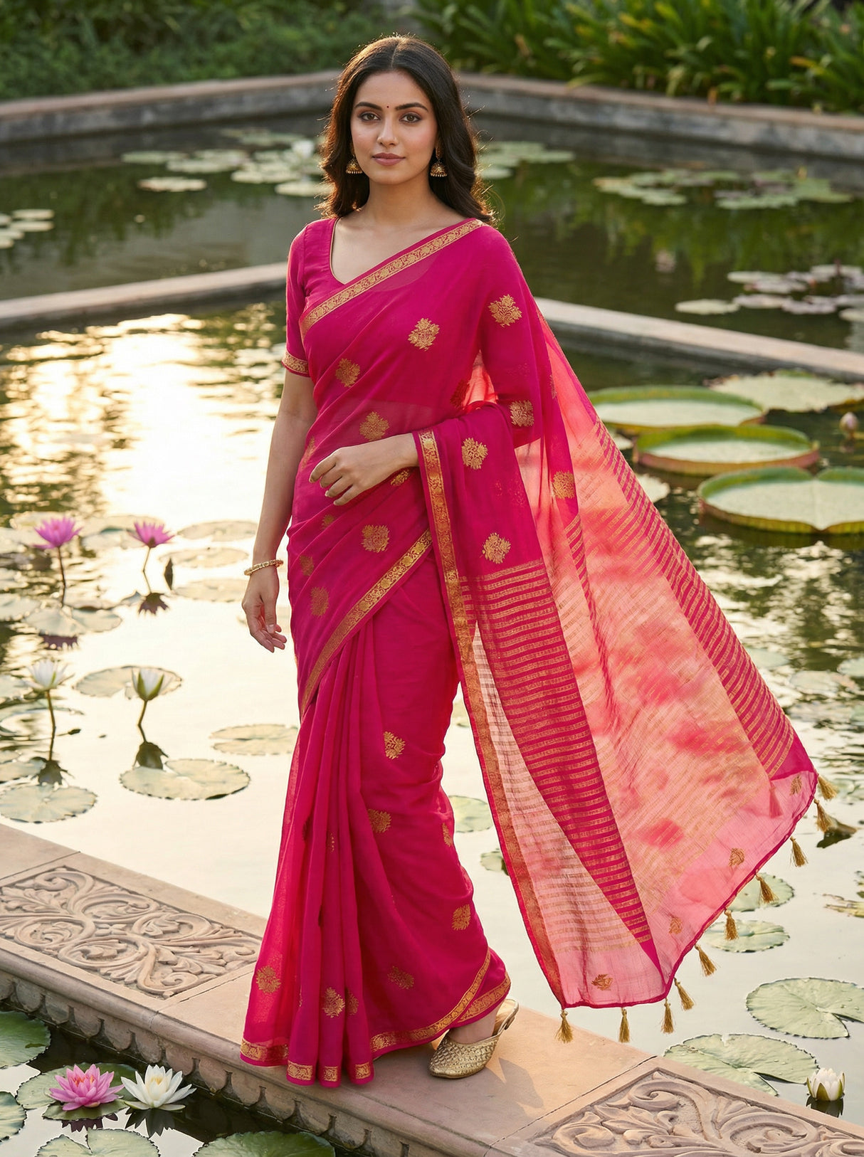 MIMOSA Women's Woven Design Banarasi Style Chiffon Saree with Blouse Piece - Rani ( SA00003123RNFREE )