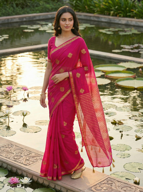 MIMOSA Women's Woven Design Banarasi Style Chiffon Saree with Blouse Piece - Rani ( SA00003123RNFREE )