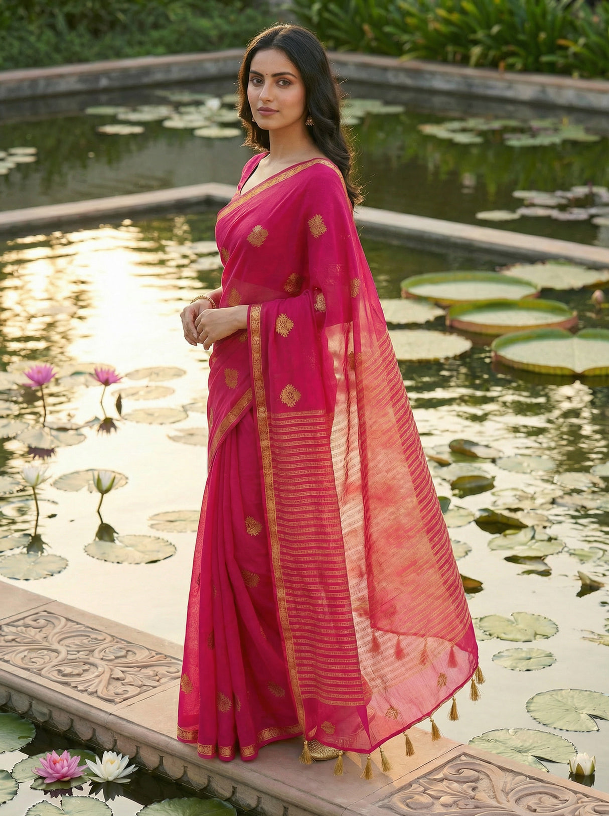 MIMOSA Women's Woven Design Banarasi Style Chiffon Saree with Blouse Piece - Rani ( SA00003123RNFREE )