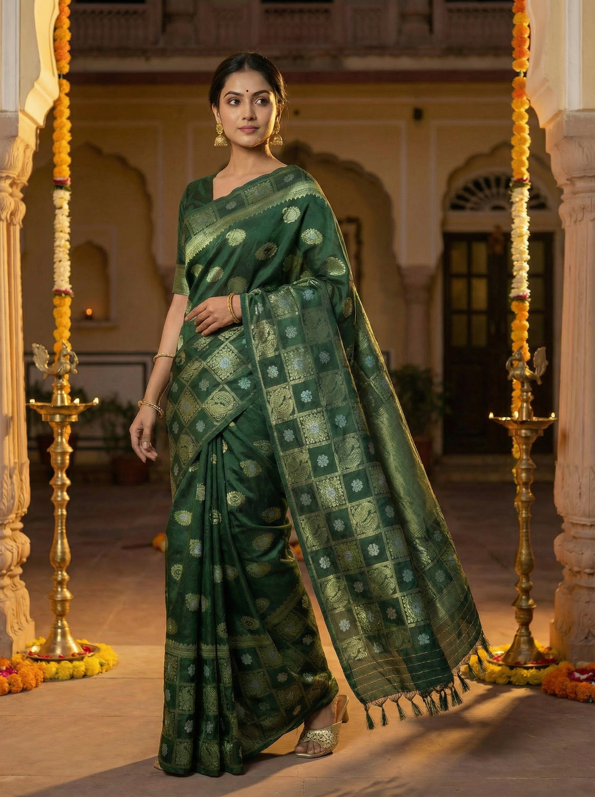 MIMOSA Women's Woven Design Banarasi Style Chiffon Saree with Blouse Piece - Green ( SA00003124GRNFREE )