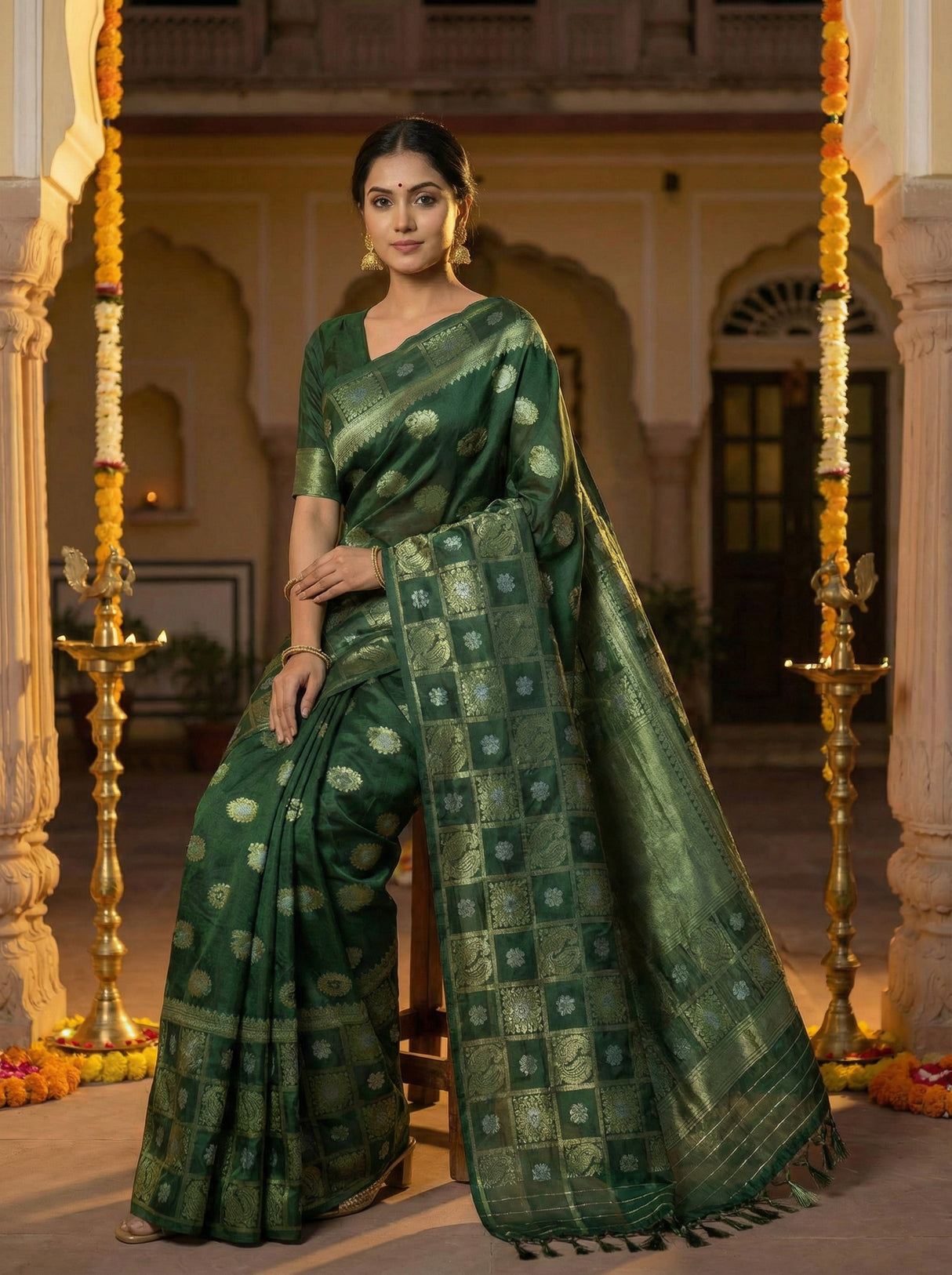 MIMOSA Women's Woven Design Banarasi Style Chiffon Saree with Blouse Piece - Green ( SA00003124GRNFREE )