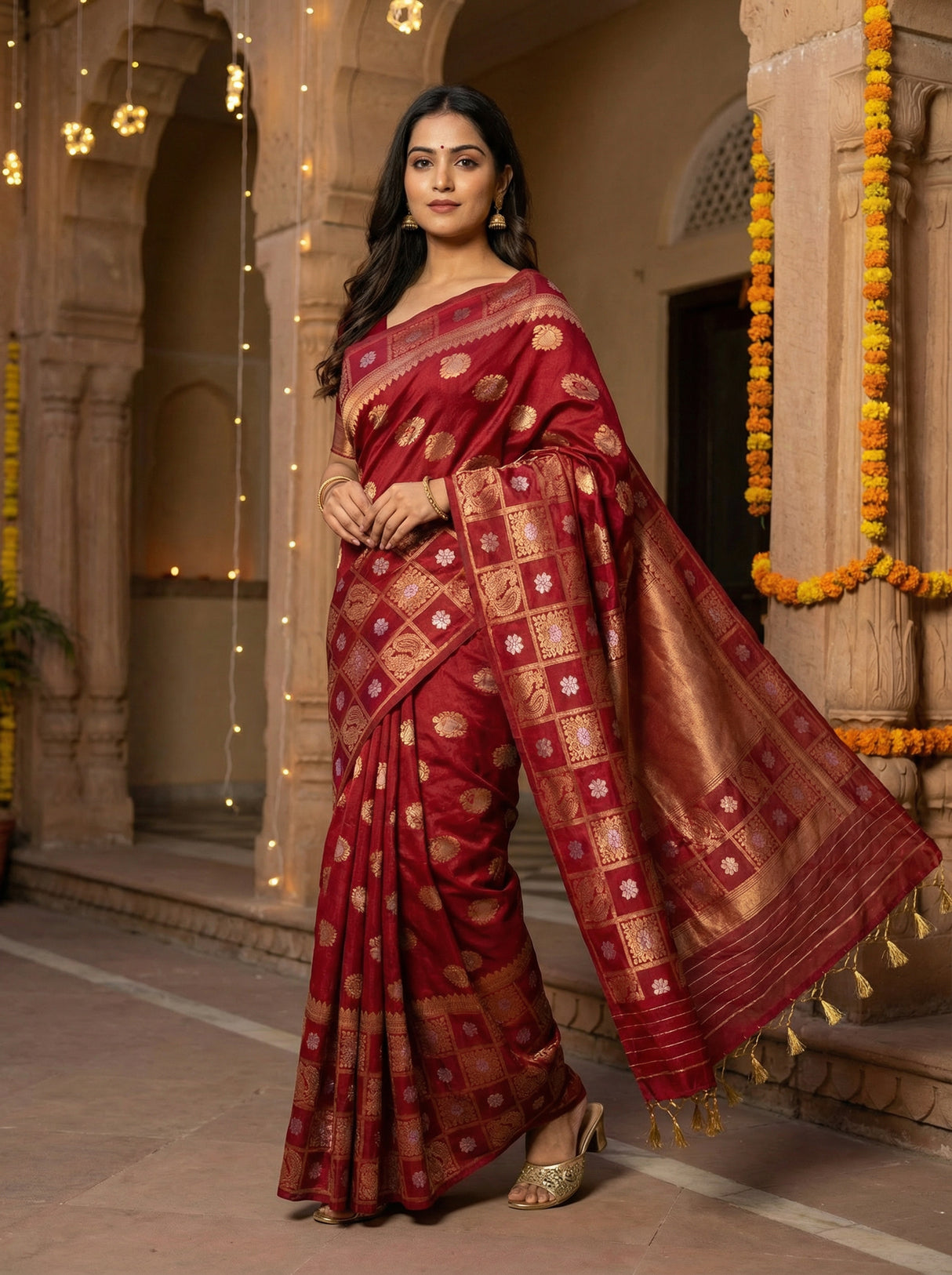 MIMOSA Women's Woven Design Banarasi Style Chiffon Saree with Blouse Piece - Maroon ( SA00003124MRFREE )