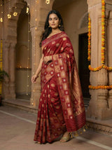 MIMOSA Women's Woven Design Banarasi Style Chiffon Saree with Blouse Piece - Maroon ( SA00003124MRFREE )