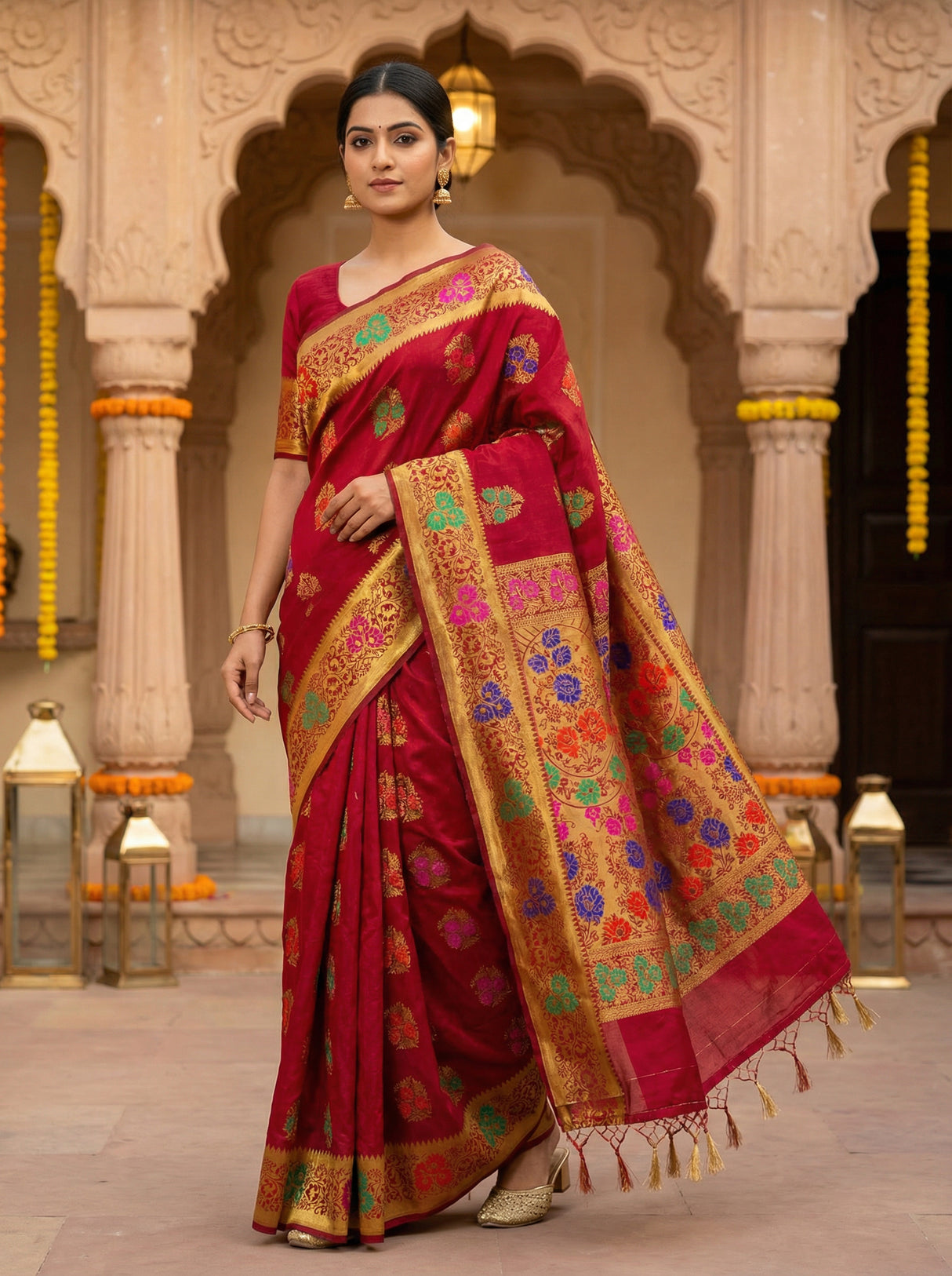 MIMOSA Women's Woven Design Paithani Style Art Silk  Saree with Blouse Piece - Maroon ( SA00003125MRFREE )