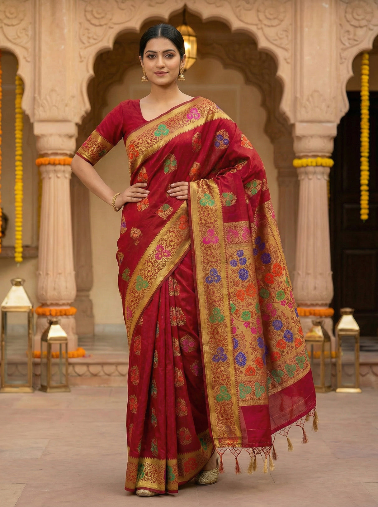 MIMOSA Women's Woven Design Paithani Style Art Silk  Saree with Blouse Piece - Maroon ( SA00003125MRFREE )