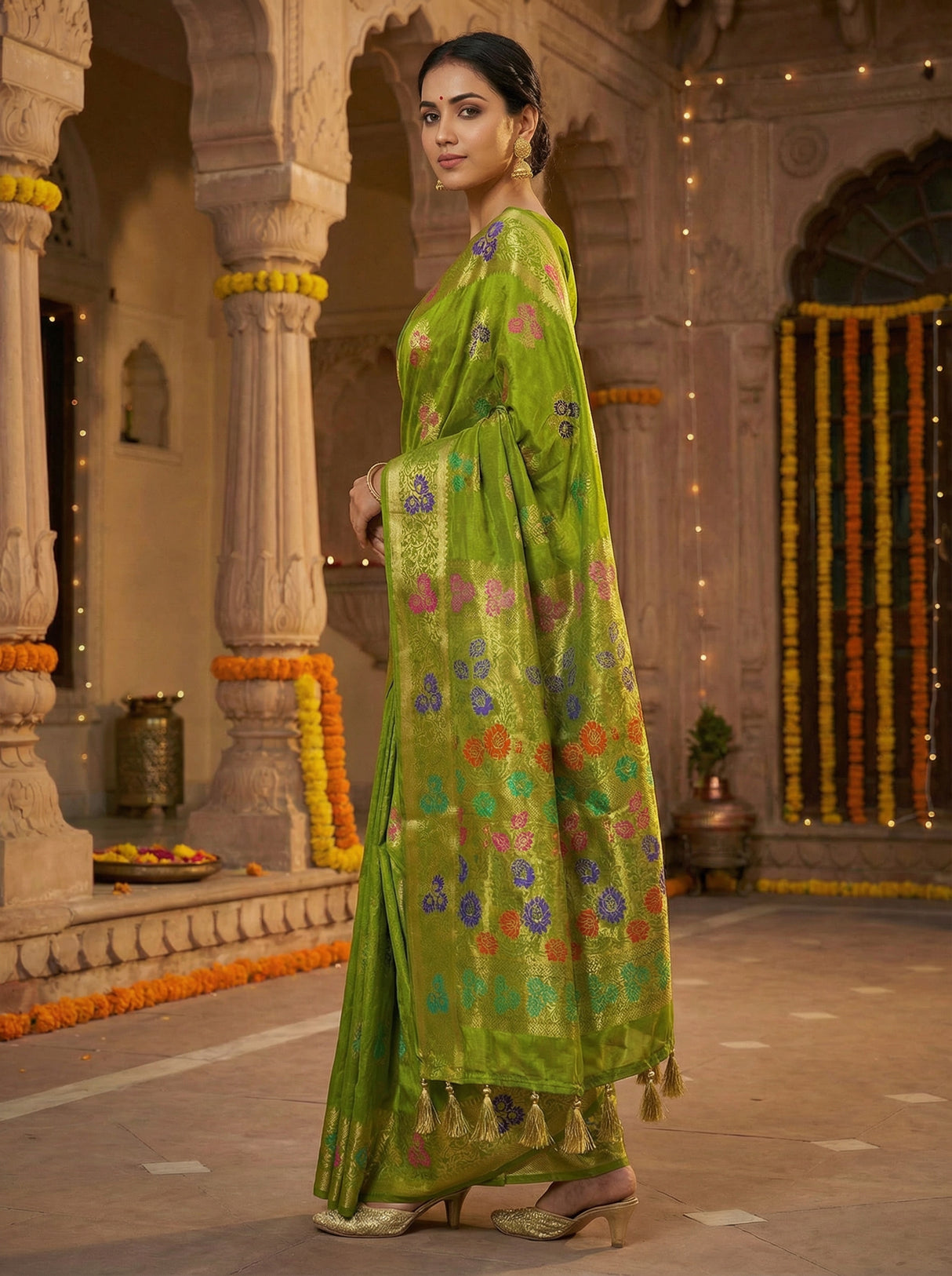 MIMOSA Women's Woven Design Paithani Style Art Silk  Saree with Blouse Piece - Olive ( SA00003125OLFREE )