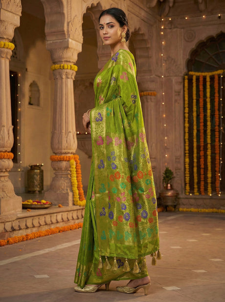 MIMOSA Women's Woven Design Paithani Style Art Silk  Saree with Blouse Piece - Olive ( SA00003125OLFREE )