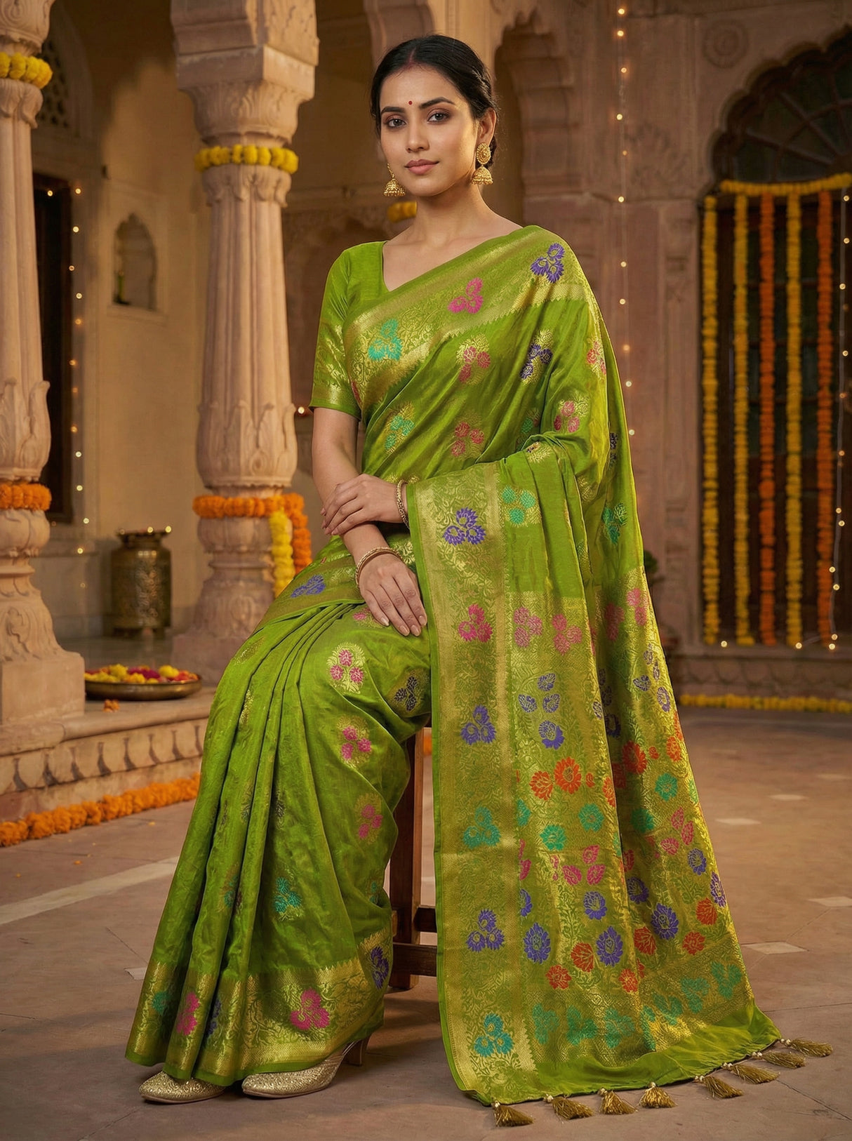 MIMOSA Women's Woven Design Paithani Style Art Silk  Saree with Blouse Piece - Olive ( SA00003125OLFREE )