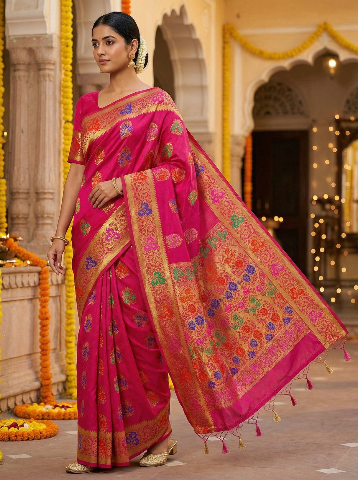 MIMOSA Women's Woven Design Paithani Style Art Silk  Saree with Blouse Piece - Rani ( SA00003125RNFREE )