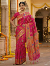 MIMOSA Women's Woven Design Paithani Style Art Silk  Saree with Blouse Piece - Rani ( SA00003125RNFREE )