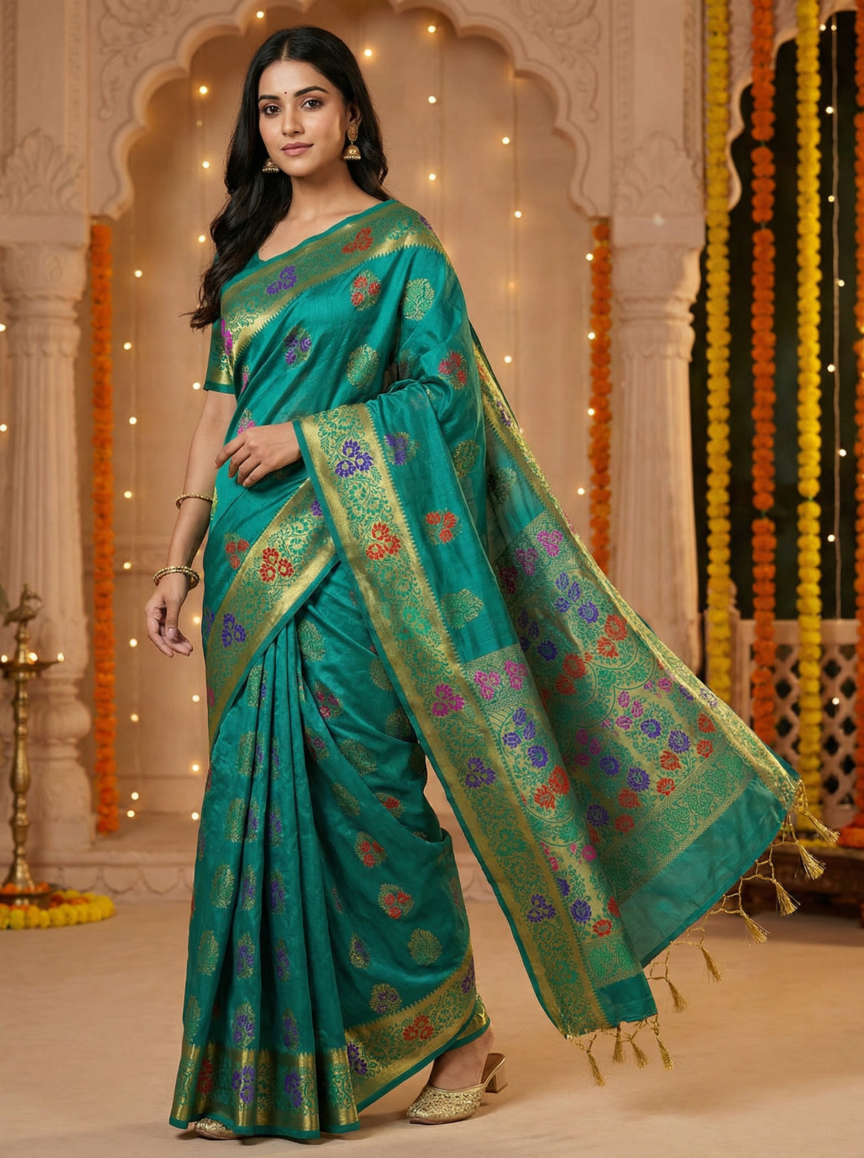 MIMOSA Women's Woven Design Paithani Style Art Silk  Saree with Blouse Piece - Saffire ( SA00003125SFFREE )