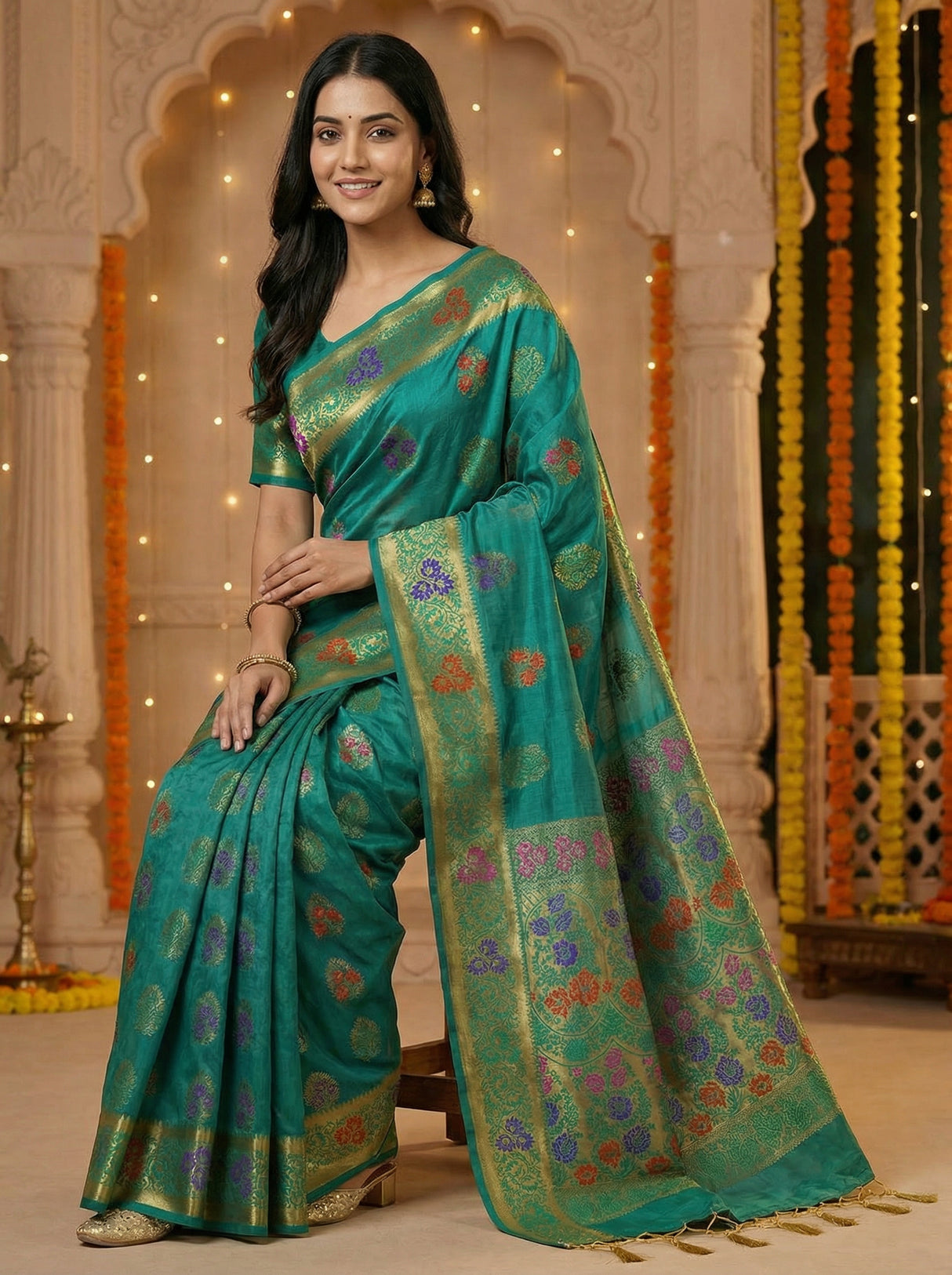 MIMOSA Women's Woven Design Paithani Style Art Silk  Saree with Blouse Piece - Saffire ( SA00003125SFFREE )