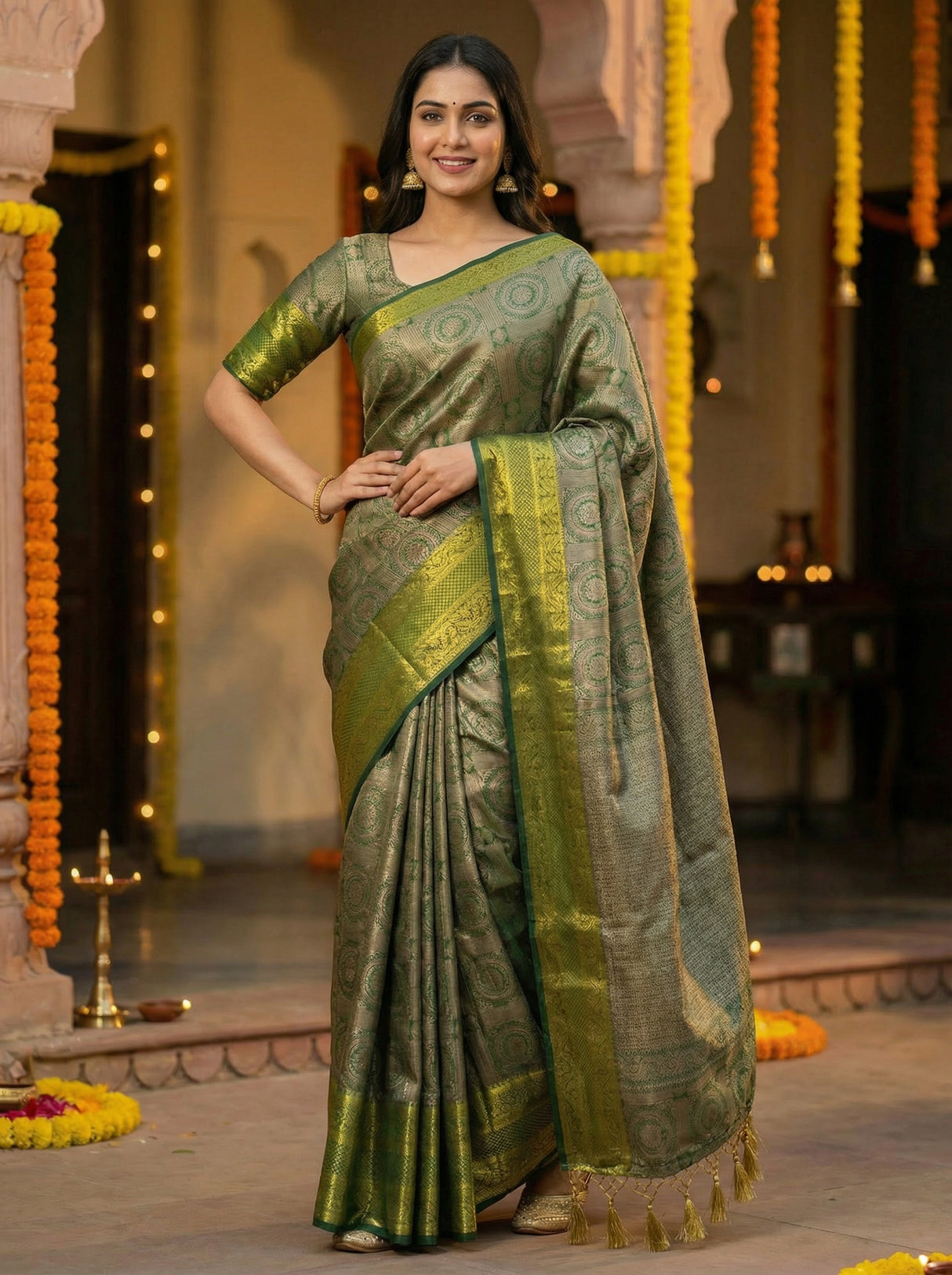 MIMOSA Women's Woven Design Banarasi Style Art Silk  Saree with Blouse Piece - Green ( SA00003126GRNFREE )