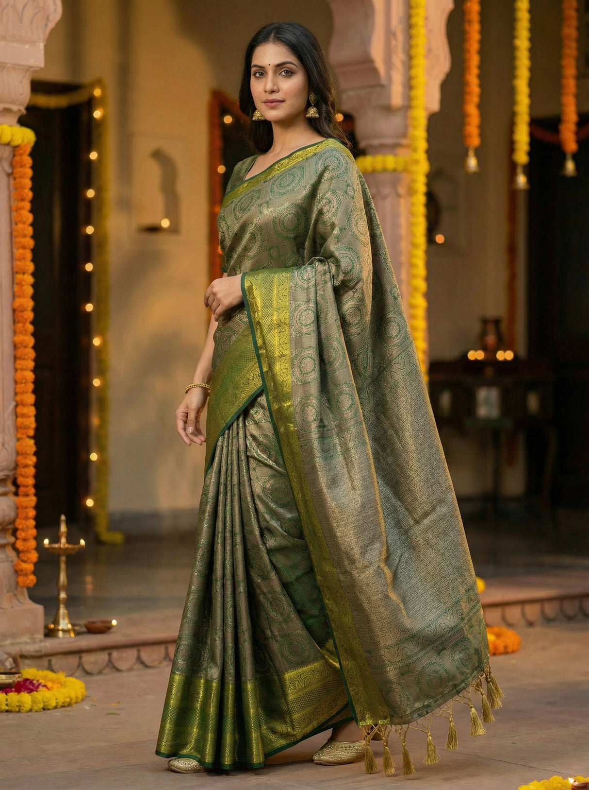 MIMOSA Women's Woven Design Banarasi Style Art Silk  Saree with Blouse Piece - Green ( SA00003126GRNFREE )