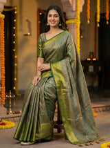 MIMOSA Women's Woven Design Banarasi Style Art Silk  Saree with Blouse Piece - Green ( SA00003126GRNFREE )