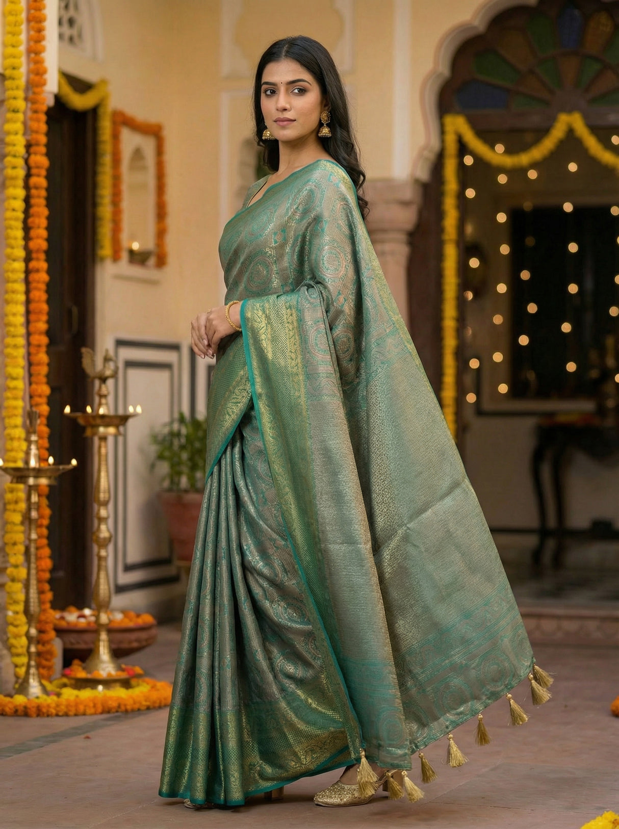 MIMOSA Women's Woven Design Banarasi Style Art Silk  Saree with Blouse Piece - Rama ( SA00003126RMFREE )
