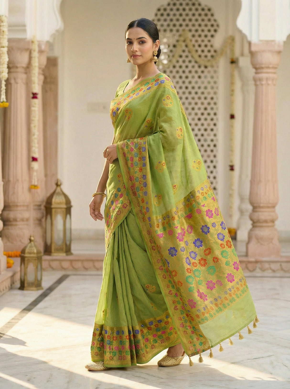 MIMOSA Women's Woven Design Paithani Style Raw Silk Saree with Blouse Piece - Olive ( SA00003127OLFREE )