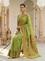 MIMOSA Women's Woven Design Paithani Style Raw Silk Saree with Blouse Piece - Olive ( SA00003127OLFREE )