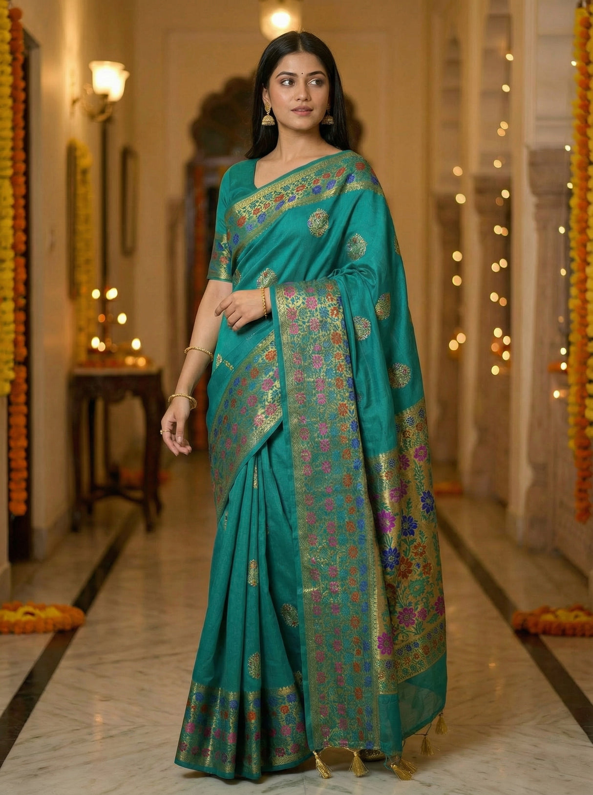 MIMOSA Women's Woven Design Paithani Style Raw Silk Saree with Blouse Piece - Rama ( SA00003127RMFREE )