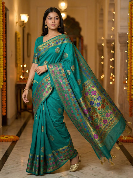 MIMOSA Women's Woven Design Paithani Style Raw Silk Saree with Blouse Piece - Rama ( SA00003127RMFREE )