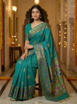 MIMOSA Women's Woven Design Paithani Style Raw Silk Saree with Blouse Piece - Rama ( SA00003127RMFREE )