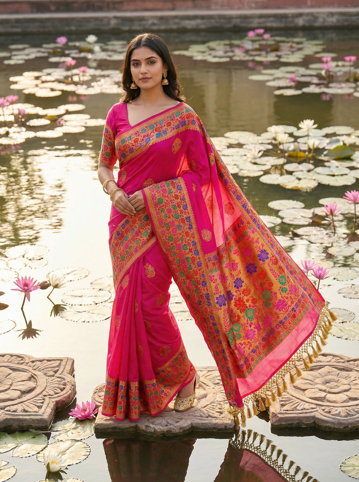 MIMOSA Women's Woven Design Paithani Style Raw Silk Saree with Blouse Piece - Rani ( SA00003127RNFREE )