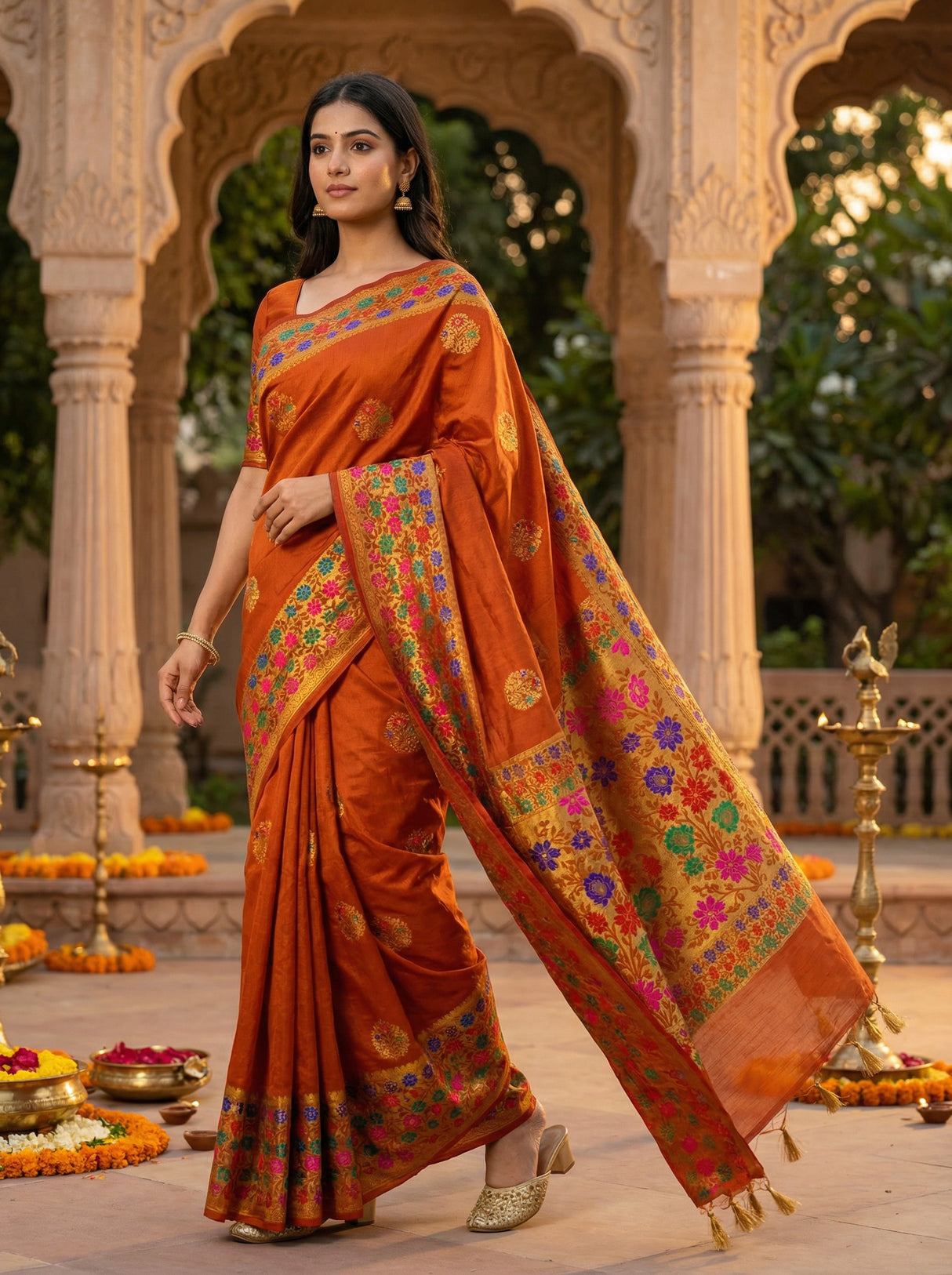 MIMOSA Women's Woven Design Paithani Style Raw Silk Saree with Blouse Piece - Rust ( SA00003127RSFREE )